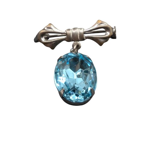 Vintage Blue Rhinestone Dangle Ribbon Silver Tone Brooch - Picture 4 of 6